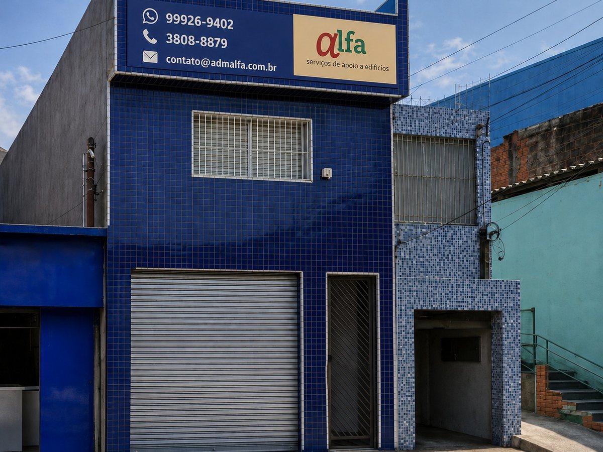 Fachada azul da sede da Alfa, com placa de contato e o logo alfa